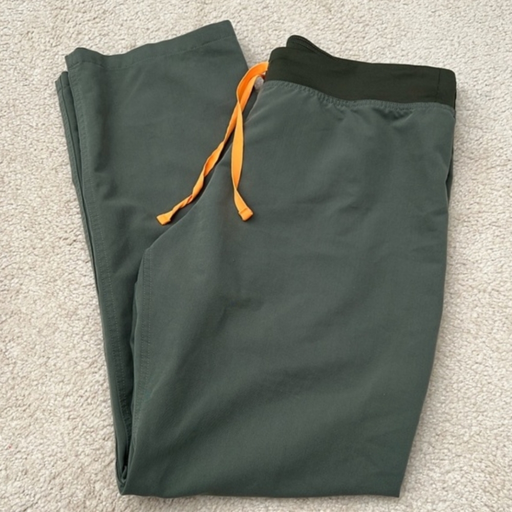 Figs Olive Green Scrub Pants with Black Waistband and Orange Drawstring